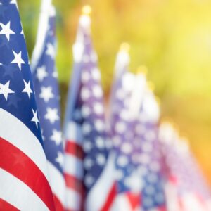American flags waving in sunlight.